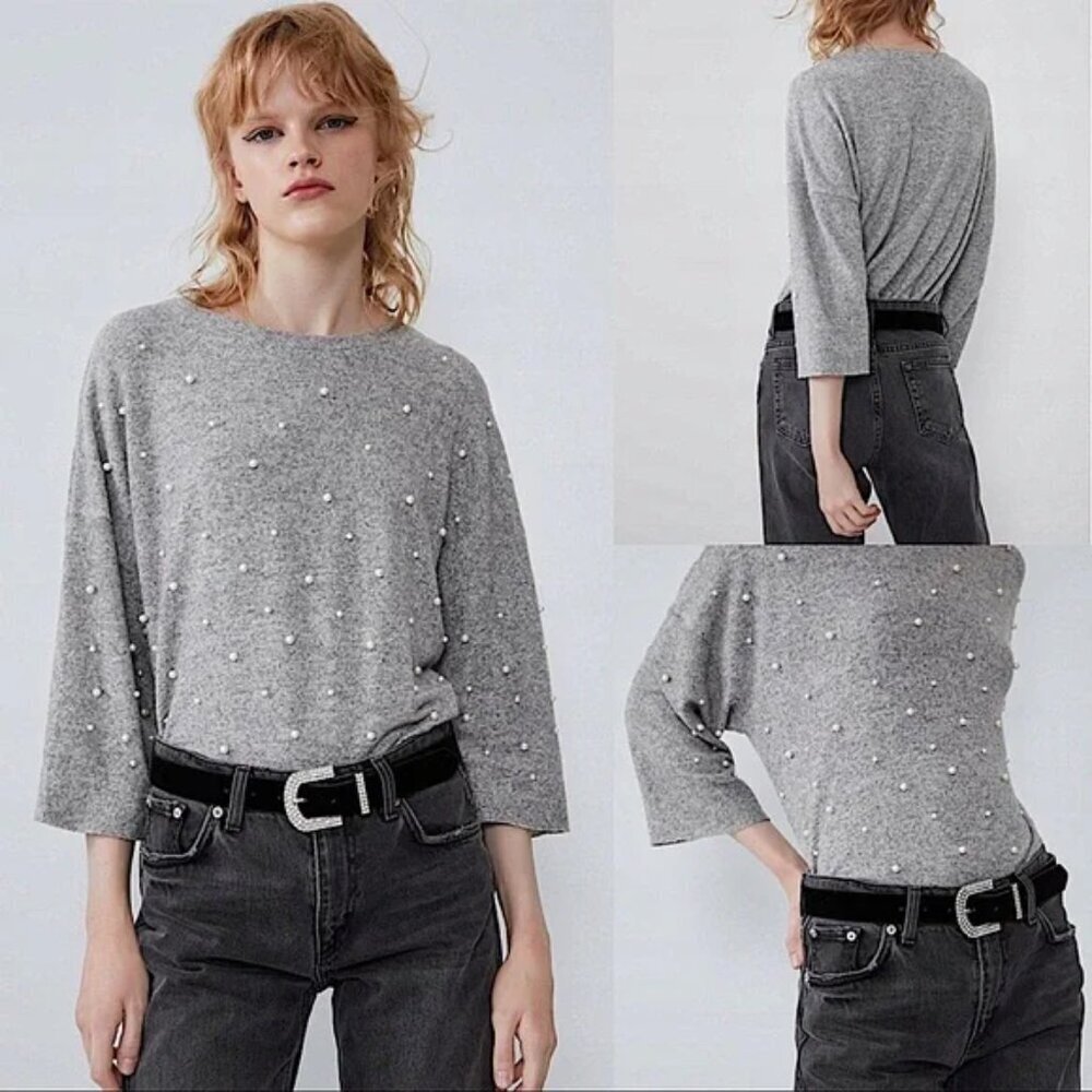 Zara GREY Pearl Raw Edge Drop Shoulder Pullover Sweater Heather Grey Size Small